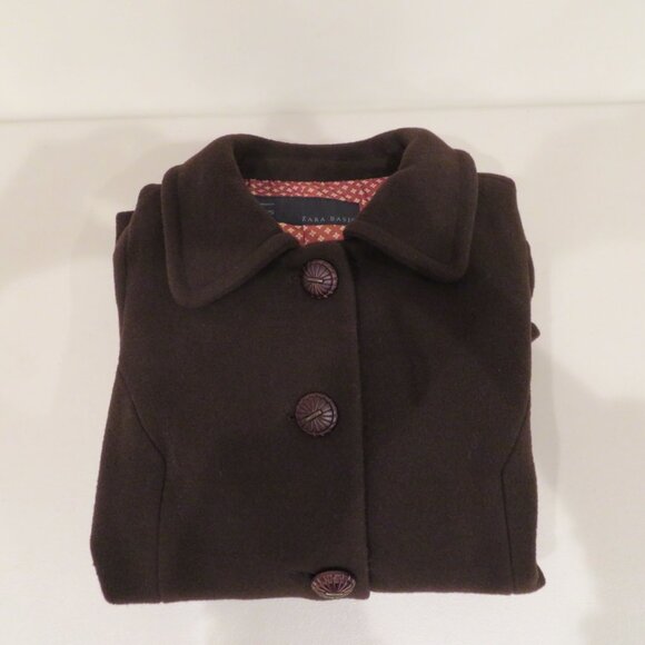 Women Medium Brown Wool Blend Coat Zara Basic Short Structured Invert Box Pleats - Picture 16 of 16